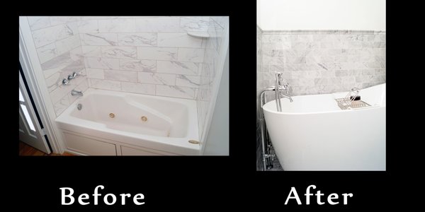Small Bathroom, Big Results - Our customer had a fantastic vision in her mind for her bathroom. From the bathtub, to the step-in shower, shower heads, and wall tile, every aspect of this build required a great level of skill to achieve. The vanity area was built using a vanity stand and building the counter from marble slabs. This is a great reminder that a lot can be done with small areas if you have a vision. We can help you with creating that vision.