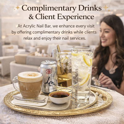 Complimentary Drinks & Client Experience - At Acrylic Nail Bar, we enhance every visit by offering complimentary drinks while clients relax and enjoy their nail services. Our salon focuses on comfort, cleanliness, and a luxury experience, allowing guests to unwind while receiving professional nail care in a welcoming environment. Complimentary Drinks & Client Experience - At Acrylic Nail Bar, we enhance every visit by offering complimentary drinks while clients relax and enjoy their nail services. Our salon focuses on comfort, cleanliness, and a luxury experience, allowing guests to unwind while receiving professional nail care in a welcoming environment.
