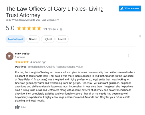 Our Other Reviews - Gary has drafted over 5000 trust and been named a top 3 lawyer in Las Vegas for Estate Planning. Here are some of the review left by other clients. Call today for more information! Our Other Reviews - Gary has drafted over 5000 trust and been named a top 3 lawyer in Las Vegas for Estate Planning. Here are some of the review left by other clients. Call today for more information!