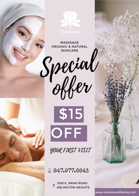 $15 OFF FIRST VISIT - RECEIVE $15 OFF MASSAGE, FACIAL AND BODY WRAPS. $15 OFF FIRST VISIT - RECEIVE $15 OFF MASSAGE, FACIAL AND BODY WRAPS.