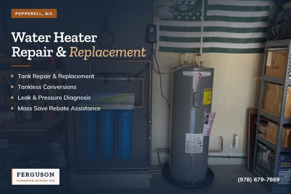 Water Heater Replacement & Installation - Standard tank water heater service in Pepperell. We repair, replace, convert to tankless, and handle your Mass Save rebate paperwork.