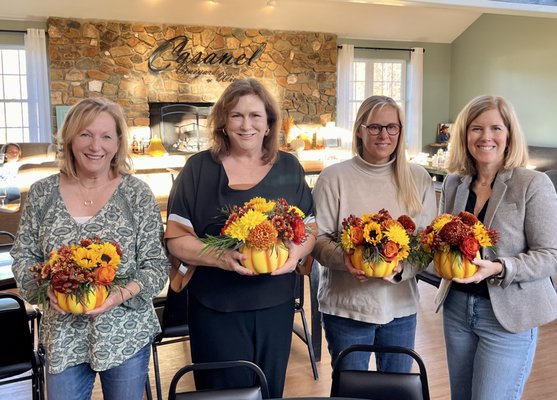 Floral Arranging Workshop-Thanksgiving Pumpkin Floral Arrangement - Join us for this floral arranging workshop at Casanel Vineyards and Winery where you will learn to create a beautiful floral arrangement in a ceramic pumpkin for your Thanksgiving table. All floral arranging supplies are included in your ticket price. Wine and food will be available for purchase during the event.
Fee and Cancellations:
The workshop fee per person is $83 plus fees/tax and includes all floral centerpiece-making supplies and instruction during the event. The workshop fee is nonrefundable. If you must cancel, please make arrangements with the organizer to pick up the floral arranging supplies included in your ticket purchase.
Your floral design instructor will provide a step-by-step demonstration of how to create and personalize your arrangement with tips on use of your cutting tools and placement. Guidance, encouragement and individual support will be available. After the workshop, you are encouraged to take photos of your arrangement to share on social media. It would be appreciated if you would tag @CasanelVineyards and @CPKfloral in your posts.
For More Information
If you need additional information about the workshop, please feel free to contact the organizer and floral design instructor, Cynthia Klebonis of CPK Floral Designs via email: CPKfloral@att.net or phone/text: 704-953-8609. D on't forget to bring a shoebox with extra packing paper to securely take home your flower arrangement.
CPK Floral Designs is a full-service studio florist and event stylist based in Leesburg, Virginia. My passion is creating custom fresh and faux floral arrangements for weddings and special events, sympathy, holidays, birthdays, and anniversaries. I love meeting new people and teaching floral arranging workshops at cool locations around Loudoun County. Follow my business on EventBrite and social media @CPKfloral Visit my website at CPKfloraldesigns.com
Casanel Vineyards and Winery is a unique destination vineyard on the Loudoun County Virginia Wine Trail. We offer many different estate-grown wines created by our award-winning winemakers in the heart of DC's Wine Country. Our weekend food menu includes casual fare throughout the year. Feel free enjoy the spectacular views at Casanel Vineyards during your visit. Please visit the Tasting Room to purchase Casanel’s award winning wines to take home with you.
