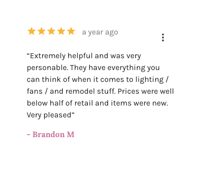 Hear what our customers have to say about us! - Hear from our customers their experience with DIY Depot and call us today so we can help you! From ceiling fans to over the range microwaves ... we have it all. And to top it off, our prices are unbeatable. Infact, we beat big box retailer prices by up to 50%. Hear what our customers have to say about us! - Hear from our customers their experience with DIY Depot and call us today so we can help you! From ceiling fans to over the range microwaves ... we have it all. And to top it off, our prices are unbeatable. Infact, we beat big box retailer prices by up to 50%.