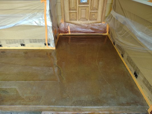 Driveway/Pavers Acid Staining - Here we had to repair the porch concrete pavement had multiple cracks. We had to filled them in and then clean the concrete floor with an Acid wash. Then we were able to apply our Stain in this case a Mocha color stain which our client customed pick. From basic old and dirty looking Porch concrete floor to a more subtle and vibrant floor finish Driveway/Pavers Acid Staining - Here we had to repair the porch concrete pavement had multiple cracks. We had to filled them in and then clean the concrete floor with an Acid wash. Then we were able to apply our Stain in this case a Mocha color stain which our client customed pick. From basic old and dirty looking Porch concrete floor to a more subtle and vibrant floor finish
