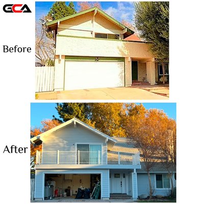 Structural retrofit, Framing, Hardie boards, Paint - Scope of work in this project:
- Demolition of the existing patio wall and stucco.
- Patio structural reinforcement. (Patio was unstable due to existing PSL beam deterioration caused by water leak).
- Installation of exterior sheathing.
- Installation of building wrap.
- Installation of hand rails.
- Deck waterproofing.
- Installation of new doors.
- Installation of Hardie boards with paint. Structural retrofit, Framing, Hardie boards, Paint - Scope of work in this project:
- Demolition of the existing patio wall and stucco.
- Patio structural reinforcement. (Patio was unstable due to existing PSL beam deterioration caused by water leak).
- Installation of exterior sheathing.
- Installation of building wrap.
- Installation of hand rails.
- Deck waterproofing.
- Installation of new doors.
- Installation of Hardie boards with paint.