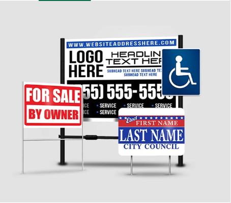 Signs - Signs

We are your sign printing solutions provider. We'll meet all of your sign print and design needs including interior and exterior signage, banners, posters, foamcore and foamex, trade show displays, portable banners, retractable banners, tear drop flags, window and wall graphics, storefront signage, car wraps, and much more.

Our Sign Options:
-Banners
-Posters
-Yard Signs
-Neon Signs
-Stickers and Decals
-Window Graphics
-Vehicle Graphics
-Pull Up Banners
-Feather and Teardrop Flags
-Trade Show Supplies
-Personal Treasures
-ADA Signs
-Site Branding
-Wall Graphics
-Marine Graphics
-Floor Graphics

We are local and we are your best one-stop solution for custom interior and exterior signage. We design, print, and produce a wide range of promotional indoor and outdoor signs, banners, foamcore, posters, and much more.

Signs you need for your office and signage you want to promote your business, all in one place!

Signage is one of the most important elements of your business. When done right, signs can make your business highly visible and effectively promote your brand. Whether you are looking to make your storefront stand out or promote your business at special events, professional signage can make all the difference. Signs are also versatile and come in many forms, performing several necessary functions that keep your space well-organized for your customers.

We will print and produce high quality signs of any kind. Get all of the signs you need for your business, including open and closed for business signs, hours of operation signage, restroom signs, window graphics, decals, yard signs, no soliciting signs, and more. With graphic designers on staff, we also do custom signs to meet all of your unique business needs.

Professional signage is also important to promote your business or organization outside the office. As large format / wide format printing experts, we do real estate signs, political campaign / event signs, signs for golf outings, wedding signs, direction signs, trade show signs, car magnets, and car wraps, and can customize these signs and graphics for you as well.

Our knowledgeable team will help you choose the right signage that best suits your office and meets your business needs. We will also consult with you on your signs and provide expert advice every step of the way.

Our Office & Retail Signs:
-ADA signs
-Backlit signs
-Directional signs
-Hours of operation signs
-No soliciting signs
-Open and closed for business signs
-Restroom signs
-Sandwich Boards
-Window signs, graphics and decals

Our Promotional Signage:
-Construction signs
-Event signs
-Golf signs
-Lawn signs
-Political signs
-Real estate signs
-Trade show signs
-Wedding signs
-Yard signs

More Signage:
-Acrylic signs
-Aluminum signs – full-color
-Car magnets
-Car wraps
-ChromaLuxe signs
-Coroplast signs
-Die Cut Vinyl signs
-Foamcore signs
-Laser engraved signs
-Plexiglass signs
-Stake Signs

Why Our Signs?
-Custom signs to meet your needs
-Expert consultation on your designs
-High quality, full color signs
-One-stop solution for all of your office and promotional signage
