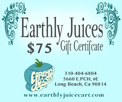 Gift Certificates! Send Juices to a Loved One In need! - Give the gift of cleansing to some one you love! So often those in need are afraid to ask their loved ones for help! If you know someone that is silently suffering with a chronic digestive disorder, in quarantine trying to get through Covid-19, wanting to begin a weigh-loss transformation or on a cancer concurring journey you can now send them a living juice and food care package. We are now offer $75 gift card for purchase @ Earthly Juices. Gift Certificates! Send Juices to a Loved One In need! - Give the gift of cleansing to some one you love! So often those in need are afraid to ask their loved ones for help! If you know someone that is silently suffering with a chronic digestive disorder, in quarantine trying to get through Covid-19, wanting to begin a weigh-loss transformation or on a cancer concurring journey you can now send them a living juice and food care package. We are now offer $75 gift card for purchase @ Earthly Juices.