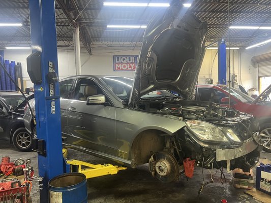 2010 Mercedes E350 - Customer took his vehicle to kwik kar and was informed that he needs the following: replace radiator hoses, coolant, flush replace the water pump. Replace the coolant, thermostat housing, and remove install the engine for $5200. 

We were able to do everything for less than $3200.