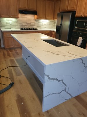 Rancho Mirrage CA Kitchen - Here we modernized my clients kitchen by removing the old granite and installing new quartz countertops with a waterfall finish on the island. Rancho Mirrage CA Kitchen - Here we modernized my clients kitchen by removing the old granite and installing new quartz countertops with a waterfall finish on the island.