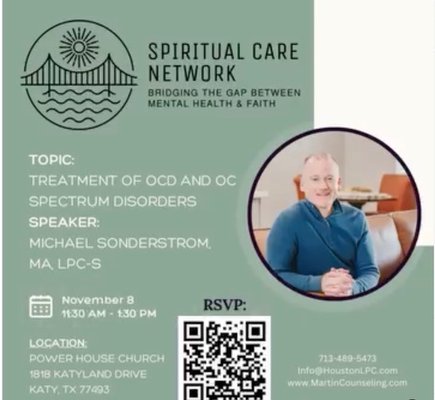 Presentation on Treatment of OCD - Michael Soderstrom, MA, LPC-S presented to a group of counselors how Houston OCD Counseling effectively treats OCD through a combination of therapies including Cognitive-Behavioral Therapy, Exposure-Response Prevention, Relaxation Training, Mindfulness, and Acceptance & Commitment Therapy.