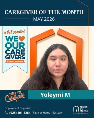 Caregiver Of The Month May - 2026 - We are proud to recognize Yoleymi as our Caregiver of the Month for May at Right at Home East Bay 💙
Her compassion, professionalism, and dedication to quality care exemplify the values that guide our team every day.
Thank you for making a positive impact on the seniors and families we serve. 👏 Caregiver Of The Month May - 2026 - We are proud to recognize Yoleymi as our Caregiver of the Month for May at Right at Home East Bay 💙
Her compassion, professionalism, and dedication to quality care exemplify the values that guide our team every day.
Thank you for making a positive impact on the seniors and families we serve. 👏