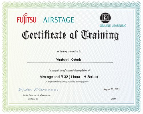 Fujitsu certification - We are certified Fujitsu mini split AC and heat pump system installer and service company Fujitsu certification - We are certified Fujitsu mini split AC and heat pump system installer and service company