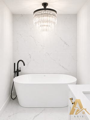Bathroom Remodel - Bathroom Remodel
Complete bathroom remodel featuring a walk-in shower with built-in bench, frameless glass enclosure, full-height porcelain tile, freestanding soaking tub, double vanity, and a chandelier centered above the tub. Matte black plumbing fixtures provide a contrasting finish throughout the space. Bathroom Remodel - Bathroom Remodel
Complete bathroom remodel featuring a walk-in shower with built-in bench, frameless glass enclosure, full-height porcelain tile, freestanding soaking tub, double vanity, and a chandelier centered above the tub. Matte black plumbing fixtures provide a contrasting finish throughout the space.