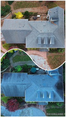 Roof Wash - For this home, we performed a complete soft wash roof cleaning to safely remove years of algae, mildew, and organic buildup. Our treatment restored the shingles to their original color without using high pressure and preventing any damage. The result is a cleaner, brighter roof that boosts curb appeal and protects the home’s longevity… another job done right by Carolina Shine Soft Wash. Roof Wash - For this home, we performed a complete soft wash roof cleaning to safely remove years of algae, mildew, and organic buildup. Our treatment restored the shingles to their original color without using high pressure and preventing any damage. The result is a cleaner, brighter roof that boosts curb appeal and protects the home’s longevity… another job done right by Carolina Shine Soft Wash.