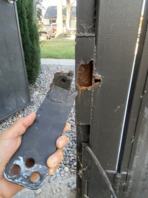 Gate Opener Mount Welding - I removed the old paint by grinding the metal, fabricated additional supports from heavy-duty steel angle iron, and reinforced the gate opener mount using MIG welding. This created a stronger, more durable structure capable of supporting the gate operator reliably. Gate Opener Mount Welding - I removed the old paint by grinding the metal, fabricated additional supports from heavy-duty steel angle iron, and reinforced the gate opener mount using MIG welding. This created a stronger, more durable structure capable of supporting the gate operator reliably.