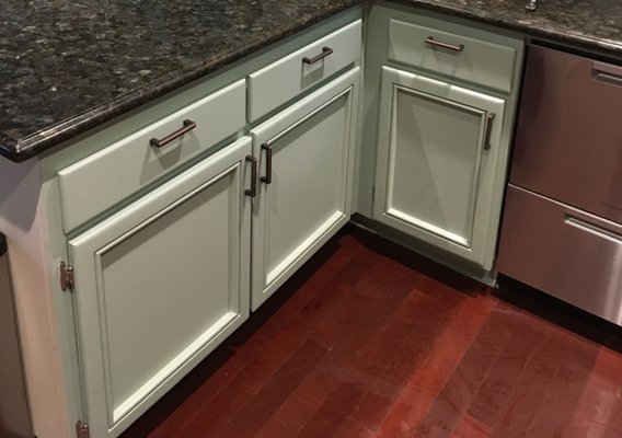 Repainting the kitchen for Mrs. A. - She asked me to swap out the plain white cabinets for a soft mint color she chose. The result is fresh and pleasing. Repainting the kitchen for Mrs. A. - She asked me to swap out the plain white cabinets for a soft mint color she chose. The result is fresh and pleasing.