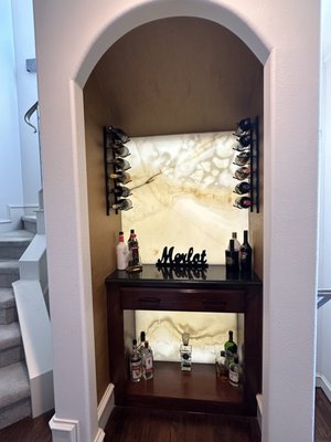 Custom Designed Dry bar with a backlit onyx wall. - Here is a recent project for a Custom Designed Dry Bar with a backlit onyx wall. We offer a multitude of interior design services for Bathrooms and Kitchens as well! This is one of many options.