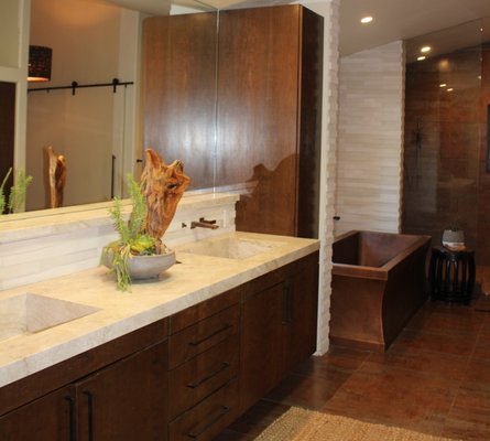 Modern Bath in Earth Tones - This Bathroom was an old style Galley layout in a conventionally framed home. We Re-Located the Shower in Line with the tub and Cabinetry, Installed a wonderful Copper free standing Tub, Custom Vertical Grain Wood Cabinetry, topped of the accents with Multi Dimensional Tile and wonderful Lighting and Fixtures Modern Bath in Earth Tones - This Bathroom was an old style Galley layout in a conventionally framed home. We Re-Located the Shower in Line with the tub and Cabinetry, Installed a wonderful Copper free standing Tub, Custom Vertical Grain Wood Cabinetry, topped of the accents with Multi Dimensional Tile and wonderful Lighting and Fixtures
