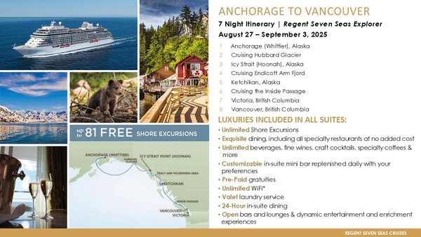 Join A Our Club's Hosted Alaska Luxury Cruise - 🚢Join Janette Jahoda, Your Local Alaska Cruise Expert on the Most Luxurious Inclusive Alaska Cruise about Regent Seven Seas Cruises.

✅Sail Anchorage (Whittier) to Vancouver, August 27, 2025 to September 3, 2025, 7 Day Alaska Luxury Cruise!

From $6,499 Per Person, based on double occupancy

Single Pricing Available

🎉Great for Solo, Single Travelers, come sail with our Travel Club on a hosted Alaska Small Ship and  stop waiting for others schedules!   Don't Dream It... Do it

👉SIGN UP NOW TO RESERVE YOUR SPOT
👉🏻https://trips.luxurycruisesandcustomvacations.com/AlaskaRegentSevenSeasCruiseAug20257day

Regent Seven Seas for an Alaska cruise in 2025 means experiencing the stunning Alaskan scenery in ultimate luxury with an all-inclusive approach, including unlimited shore excursions, spacious suites, fine dining, and exceptional personalized service, allowing you to fully immerse yourself in the natural wonders of the region without worrying about extra costs or details.

Optional Pre-Cruise Land Adventure!
Limited to 16, space limited signup today!

BENEFITS OF A HOSTED CRUISE
• $400 Onboard Credit Per Suite
• Enjoy Camaraderie of fellow travel enthusiasts
• Hosted Dining / Social Events
• Exclusive Welcome Aboard Event
• Personalized Assistance / Onboard Advocate
• Seasoned Travel Expert Tips & Advice
• Peace of Mind

Onboard our hosted sailings you’ll enjoy exclusive events,
personalized onboard assistance and special amenities,
which vary by departure

Cruise must be booked through Protravel International

LUXURIES INCLUDED IN ALL SUITES:
• Unlimited Shore Excursions
• Exquisite dining, including all specialty restaurants at no added cost
• Unlimited beverages, fine wines, craft cocktails, specialty coffees &
more
• Customizable in-suite mini bar replenished daily with your
preferences
• Pre-Paid gratuities
• Unlimited WiFi*
• Valet laundry service
• 24-Hour in-suite dining
• Open bars and lounges & dynamic entertainment and enrichment experiences

Signup Today!

https://trips.luxurycruisesandcustomvacations.com/AlaskaRegentSevenSeasCruiseAug20257day

#Boomer #Travel #SeniorTravel #TravelingWithSeniors #SeniorTravelers #SeniorTraveller #SeniorTravelling #SeniorTravelLife #SeniorTravelDiaries #SeniorTravelStories #SeniorTravelTales #SeniorTravelAdventures #SeniorTravelExperiences #SeniorTravelMemories #SeniorTravelPhotography #SeniorTravelBlog #SeniorTravelBlogger #SeniorTravelGram #SeniorTravelCouple #SeniorTravelSolo #SeniorTravelBuddy #SeniorTravelCompanion #travel-boomer #BoomerTravel #TravelingBoomers #BoomerTravelers #BoomerTraveller #BoomerTravelling #BoomerTravelLife #BoomerTravelDiaries #BoomerTravelStories #BoomerTravelTales #BoomerTravelAdventures #BoomerTravelExperiences #BoomerTravelMemories #BoomerTravelPhotography #BoomerTravelBlog #BoomerTravelBlogger #BoomerTravelGram #BoomerTravelCouple #BoomerTravelSolo #BoomerTravelBuddy
