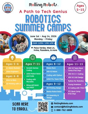 STEM & Robotics Summer Camp at Rolling Robots! - Robotics and STEM summer camps from June 1st to August 14th for children Ages 5 - 15! There are 20 locations over Los Angeles, Orange County and Ventura County! Find a camp near you! STEM & Robotics Summer Camp at Rolling Robots! - Robotics and STEM summer camps from June 1st to August 14th for children Ages 5 - 15! There are 20 locations over Los Angeles, Orange County and Ventura County! Find a camp near you!