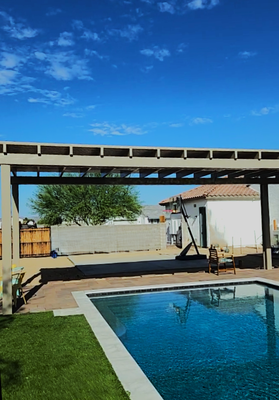 Backyard transformation - We transformed a backyard into a resort feel with a stunning Alumawood patio cover stretching over part of the pool. Our client loves the shade, style, and comfort—proof that a custom Chillax build makes all the difference. Backyard transformation - We transformed a backyard into a resort feel with a stunning Alumawood patio cover stretching over part of the pool. Our client loves the shade, style, and comfort—proof that a custom Chillax build makes all the difference.