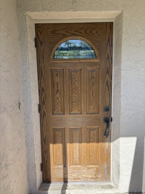 Front Door refinishing - This was a sun baked front door . I sanded it down smooth and applied a oil based stain then a polyurethane top coat for added protection Front Door refinishing - This was a sun baked front door . I sanded it down smooth and applied a oil based stain then a polyurethane top coat for added protection