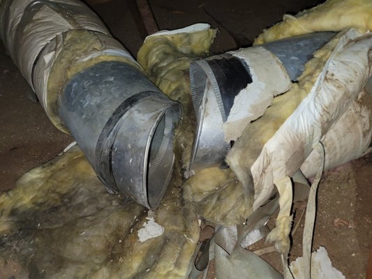 Camera inspection results - We use a high tech camera to look inside your homes duct work to look for this kind of damage. If you have poor airflow in one room or many rooms, this could be the problem! When the insulation was pulled back, we found this angle joint completely falling apart. We replaced it and continued on with the cleaning. This house was built in 1953 and for sure had never had the duct work cleaned. We found insects inside the vents that had found their way inside and expired. We offer sanitizing sprays to get rid of odors, mold, mildew and allergens that will give your air a fresh start!