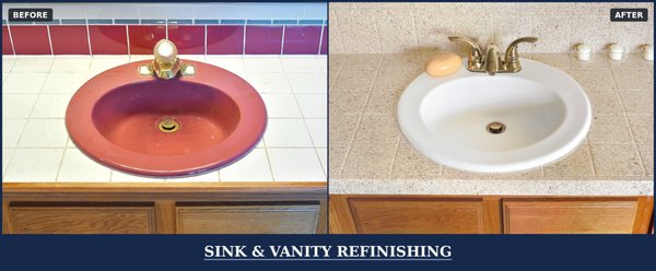 Vanities & Sink Refinishing - Why rip out your vanity when we can refinish cultured marble, ceramic tile, and laminate? Our designer colors will make your vanity beatiful and we will save you money!
What problem can we solve for you?
Ugly, outdated colors
Chipped and stained surface
Impossible to clean
Stained, moldy or missing grout Vanities & Sink Refinishing - Why rip out your vanity when we can refinish cultured marble, ceramic tile, and laminate? Our designer colors will make your vanity beatiful and we will save you money!
What problem can we solve for you?
Ugly, outdated colors
Chipped and stained surface
Impossible to clean
Stained, moldy or missing grout