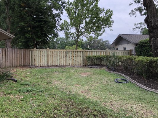 6’ tall privacy fence with exposed posts, post caps and top rail. - We ripped out this tired, old dilapidated board on board privacy fence￼ and replaced it with a BEAUTIFUL custom built 6’ tall shadow box privacy fence with exposed 6”x6” posts, post caps and custom 1”x6” top rail. This is the perfect addition to tie together a beautiful back yard and increase your curb appeal! The best thing about this design is that it looks just as good from the front AND the back! There is no such thing and an “ugly” side here!