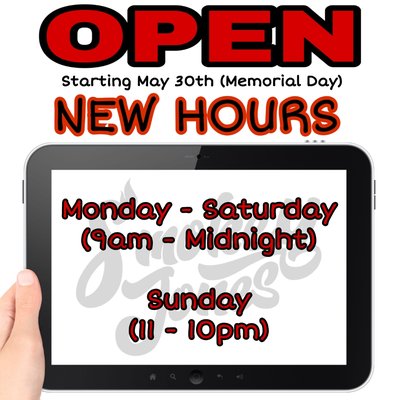 NEW HOURS - SAME EXPERIENCE - You asked and we listened.. Open until MIDNIGHT everyday except Sunday..
Enjoy 2 more hours to get what you need and always wanted. See you NEW HOURS - SAME EXPERIENCE - You asked and we listened.. Open until MIDNIGHT everyday except Sunday..
Enjoy 2 more hours to get what you need and always wanted. See you