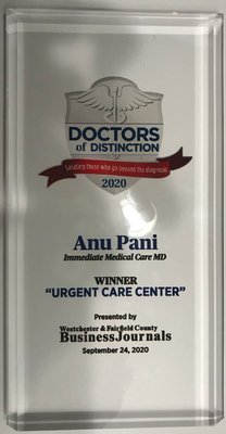 20 Years of Work in Urgent Care and Family Medicine, Dr. Anupama Pani MD - VOTED BEST URGENT CARE IN WESTCHESTER COUNTY IN 2020
Dr. Anu Pani and IMMEDIATE MEDICAL CARE MD was voted BEST URGENT CARE in WESTCHESTER COUNTY by the prestigious group DOCTORS OF DISTINCTION.