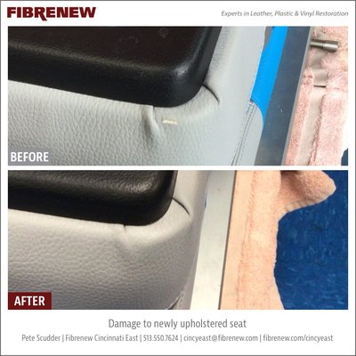 Refurbishing Damaged Vinyl - Refurbishing damaged leather, vinyl, plastic or fabric in your car, truck, van, motorhome, camper, motorcycle or recreational vehicle not only enhances its appearance and comfort, but it also boosts the overall value of your investment as well. Whether you have faded or worn seats, a damaged leather steering wheel, a cracked dashboard, door panels or armrests, Fibrenew can make it look great again for a fraction of the cost of replacement. Refurbishing Damaged Vinyl - Refurbishing damaged leather, vinyl, plastic or fabric in your car, truck, van, motorhome, camper, motorcycle or recreational vehicle not only enhances its appearance and comfort, but it also boosts the overall value of your investment as well. Whether you have faded or worn seats, a damaged leather steering wheel, a cracked dashboard, door panels or armrests, Fibrenew can make it look great again for a fraction of the cost of replacement.