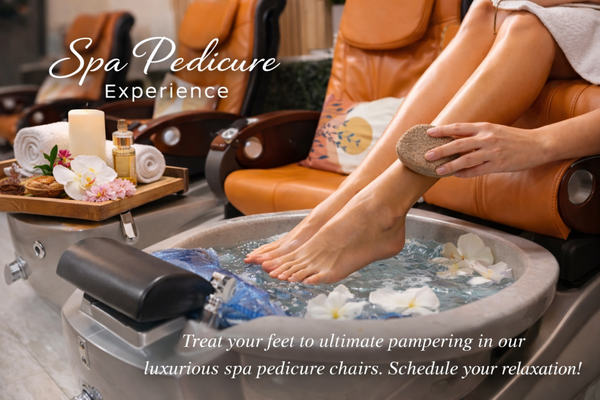 Spa Pedicure Exprience - Indulge in our luxurious Spa Pedicure Experience designed to relax, refresh, and rejuvenate your feet.
We use premium spa products, soothing hot towels, exfoliating scrub, collagen mask, and moisturizing treatment to leave your skin soft and glowing.
Enjoy a calming atmosphere in our comfortable spa chairs while we take care of every detail.
Perfect for self-care or a special treat. Book your appointment today and experience the difference! Spa Pedicure Exprience - Indulge in our luxurious Spa Pedicure Experience designed to relax, refresh, and rejuvenate your feet.
We use premium spa products, soothing hot towels, exfoliating scrub, collagen mask, and moisturizing treatment to leave your skin soft and glowing.
Enjoy a calming atmosphere in our comfortable spa chairs while we take care of every detail.
Perfect for self-care or a special treat. Book your appointment today and experience the difference!
