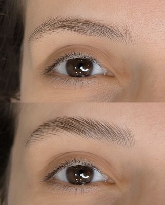 Eyebrow Lamination - Redirecting hair pattern , giving a brushes up appearance. Eyebrow Lamination - Redirecting hair pattern , giving a brushes up appearance.