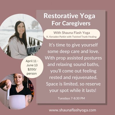 Yoga for caregivers - Time for care Givers to be care Receivers in this 10 class program. Gentle restorative movement with props welcomes all levels. I will hold a healing sound bath to get your energy re-centered during this relaxing journey of self care. Yoga for caregivers - Time for care Givers to be care Receivers in this 10 class program. Gentle restorative movement with props welcomes all levels. I will hold a healing sound bath to get your energy re-centered during this relaxing journey of self care.
