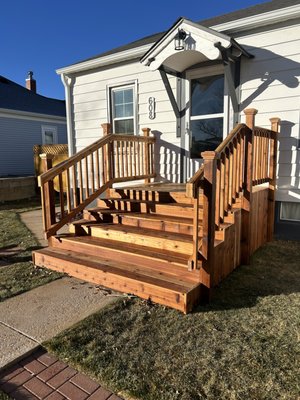Front Steps - This was done on a set of old concrete steps with loose metal railing. They were brittle and looked horrible. So we gave them a new look. Front Steps - This was done on a set of old concrete steps with loose metal railing. They were brittle and looked horrible. So we gave them a new look.