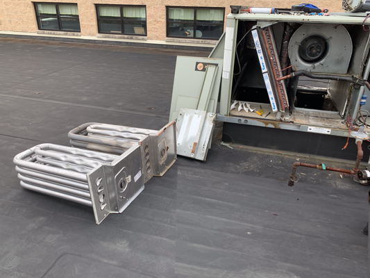 Heat exchanger replacement on a 7.5 ton rooftop unit - On a no heat call for a commercial client, a defect was located in the heat exchanger (the component that transfers heat from the combustion of natural gas/propane to the air in your space). The options were weighed by the customer and a repair was requested (vs system replacement). An exact replacement was located and quickly obtained and the heat was repaired within 36 hours. Heat exchanger replacement on a 7.5 ton rooftop unit - On a no heat call for a commercial client, a defect was located in the heat exchanger (the component that transfers heat from the combustion of natural gas/propane to the air in your space). The options were weighed by the customer and a repair was requested (vs system replacement). An exact replacement was located and quickly obtained and the heat was repaired within 36 hours.
