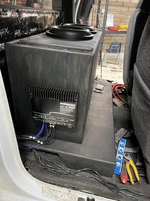 Chevy Colorado system - Every build is talked about with the customer making sure they are happy before we start we keep in contact with them throw the hole install this is a custom made box to fit 2 big subs in a extended cab truck but it dosnt stop there all the speakers in the truck have been replaced with a 4 channel amp so you can hear the music no matter how much bass there is also the power plant the alternator has been changed out with a js 400 amp alternator with 100 percent copper this is the heart of the hole system’s then added 2 batteries we like to build are system right even if we have to go little by little . The last thing we did was sound proofed the hole cab of the truck to make sure there wasn’t any rattling going on . Chevy Colorado system - Every build is talked about with the customer making sure they are happy before we start we keep in contact with them throw the hole install this is a custom made box to fit 2 big subs in a extended cab truck but it dosnt stop there all the speakers in the truck have been replaced with a 4 channel amp so you can hear the music no matter how much bass there is also the power plant the alternator has been changed out with a js 400 amp alternator with 100 percent copper this is the heart of the hole system’s then added 2 batteries we like to build are system right even if we have to go little by little . The last thing we did was sound proofed the hole cab of the truck to make sure there wasn’t any rattling going on .