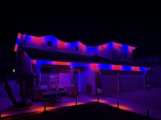 Permanent Outdoor LED Lighting & Electrical Upgrade. - For this project, I installed nearly 200 feet of permanent multicolor outdoor LED lighting, giving the homeowner the ability to create custom light shows and replace traditional holiday lighting year-round. The system is fully Wi-Fi controlled, offering convenient, app-based operation.
To power the new lighting, I installed a dedicated weather-tight outlet underneath the roofline. This included running 25 feet of water-tight conduit from an existing power source, upgrading the original outlet with a GFCI, and adding a weatherproof cover for safety and durability.
The end result is a clean, professional installation that enhances the home’s appearance and provides long-lasting, energy-efficient lighting with modern smart-control features.
We recommended painting the conduit but customer did not want conduit painted. Permanent Outdoor LED Lighting & Electrical Upgrade. - For this project, I installed nearly 200 feet of permanent multicolor outdoor LED lighting, giving the homeowner the ability to create custom light shows and replace traditional holiday lighting year-round. The system is fully Wi-Fi controlled, offering convenient, app-based operation.
To power the new lighting, I installed a dedicated weather-tight outlet underneath the roofline. This included running 25 feet of water-tight conduit from an existing power source, upgrading the original outlet with a GFCI, and adding a weatherproof cover for safety and durability.
The end result is a clean, professional installation that enhances the home’s appearance and provides long-lasting, energy-efficient lighting with modern smart-control features.
We recommended painting the conduit but customer did not want conduit painted.