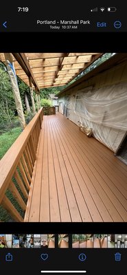 Deck Rebuild and Stain - This is a deck rebuild and refresh. We did for a customer last summer. We started the project and found a good amount of structural damage to the deck. We quickly address that fixed it and reinforce the deck and we’re able to then lay down new decking boards prep the surfaces and stain them in a beautiful red wood color. Deck Rebuild and Stain - This is a deck rebuild and refresh. We did for a customer last summer. We started the project and found a good amount of structural damage to the deck. We quickly address that fixed it and reinforce the deck and we’re able to then lay down new decking boards prep the surfaces and stain them in a beautiful red wood color.