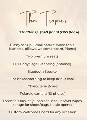 Tropics Package - Comfortable, elegant picnic with incredible food and beautiful views; Luxury on a budget! Everything you need to connect to nature, yourself and your loved ones. Tropics Package - Comfortable, elegant picnic with incredible food and beautiful views; Luxury on a budget! Everything you need to connect to nature, yourself and your loved ones.