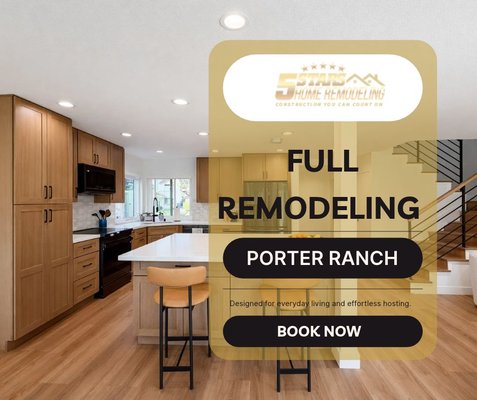 Full House Remodel - Porter Ranch - 5 Stars Home Remodeling recently completed a full home renovation project in Porter Ranch, delivering a modern, functional, and high-quality living space. This project included a complete kitchen remodel, bathroom renovation, new flooring installation, staircase upgrade, and custom cabinetry throughout the home.
The kitchen was redesigned with custom wood cabinets, quartz countertops, a spacious center island, tile backsplash, and stainless steel appliances. The new layout improves workflow, storage, and natural light, creating an open-concept space ideal for daily living and entertaining.
Bathroom upgrades featured floating vanities, modern fixtures, water-resistant flooring, and contemporary finishes that enhance comfort and long-term durability. The living and dining areas were updated with premium hardwood flooring and improved lighting for a clean, elegant look.
Additional improvements included a custom staircase with solid wood treads and modern metal railings, soft-close cabinetry, and detailed finish carpentry. Every phase of this renovation was completed with professional project management, code compliance, and strict quality control.
This Porter Ranch remodeling project reflects our commitment to craftsmanship, clear communication, and on-time delivery. From design consultation to final inspection, our team focused on exceeding client expectations while increasing property value.
Homeowners in Porter Ranch and surrounding Los Angeles areas trust 5 Stars Home Remodeling for kitchen remodeling, bathroom remodeling, full home renovations, flooring installation, and custom construction services. Full House Remodel - Porter Ranch - 5 Stars Home Remodeling recently completed a full home renovation project in Porter Ranch, delivering a modern, functional, and high-quality living space. This project included a complete kitchen remodel, bathroom renovation, new flooring installation, staircase upgrade, and custom cabinetry throughout the home.
The kitchen was redesigned with custom wood cabinets, quartz countertops, a spacious center island, tile backsplash, and stainless steel appliances. The new layout improves workflow, storage, and natural light, creating an open-concept space ideal for daily living and entertaining.
Bathroom upgrades featured floating vanities, modern fixtures, water-resistant flooring, and contemporary finishes that enhance comfort and long-term durability. The living and dining areas were updated with premium hardwood flooring and improved lighting for a clean, elegant look.
Additional improvements included a custom staircase with solid wood treads and modern metal railings, soft-close cabinetry, and detailed finish carpentry. Every phase of this renovation was completed with professional project management, code compliance, and strict quality control.
This Porter Ranch remodeling project reflects our commitment to craftsmanship, clear communication, and on-time delivery. From design consultation to final inspection, our team focused on exceeding client expectations while increasing property value.
Homeowners in Porter Ranch and surrounding Los Angeles areas trust 5 Stars Home Remodeling for kitchen remodeling, bathroom remodeling, full home renovations, flooring installation, and custom construction services.