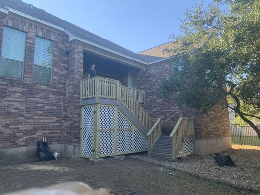 Crawford stair replacement 2021 - This nice customer in bee caves needed her stairs replaced after the old wood ones had deteriorated to the point where they were dangerous. We ripped the old stairs out completely and rebuilt the exact same structure using pressure treated pine and Trex deck boards. This new structure will last her for a very long time! Crawford stair replacement 2021 - This nice customer in bee caves needed her stairs replaced after the old wood ones had deteriorated to the point where they were dangerous. We ripped the old stairs out completely and rebuilt the exact same structure using pressure treated pine and Trex deck boards. This new structure will last her for a very long time!
