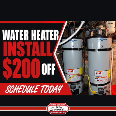$200 off a new water heater for a limited time. - If your water heater is getting older, not keeping up, or showing signs of failure, now is a great time to replace it. A new water heater can give you more reliable hot water, better performance, and greater peace of mind.

Schedule with At Your Service Pros today and save $200 on a new water heater installation.