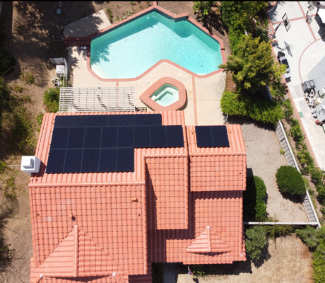 Residential property solar installation in California - One of Elione Energy's recent residential solar installations. Top roof panels shown up close and from above.
