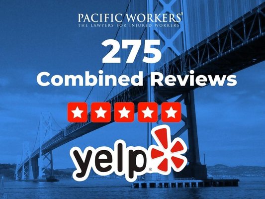 Over 275 Combined Yelp Reviews - With over 275 combined reviews and over $175,000,000 Recovered for Northern CA injured Workers, the is a reason why injured workers choose Pacific Workers'. Over 275 Combined Yelp Reviews - With over 275 combined reviews and over $175,000,000 Recovered for Northern CA injured Workers, the is a reason why injured workers choose Pacific Workers'.