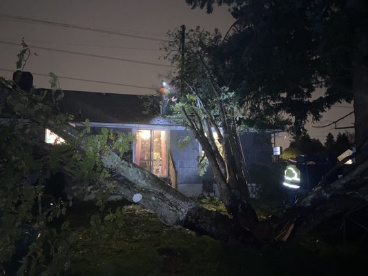 Emergency tree removal in Tacoma Washington - We were called out on an emergency job when a tree fell on a house due to extreme weather/wind conditions. We responded promptly and arrived at around 11pm. Upon arrive, our immediate
goal was first secure the location and eliminate any further risk to customers or there property. Then, our next objective was to ensure that any  damage already done was first documented, and to whatever degree possible repaired. In this instant it was late so our main goal was to get things in a decent that where anything none hazardous could be attended to in morning. For example the multiple wholes left in the roof by falling branches. Our normal standard of operation (unless otherwise instructed) is to secure tarps over the exposed areas using roofing nails. This ensured that any further water damage would be mitigated. It took us about 2 hours total to get the situation contained and to get the family feeling safe enough to sleep for the rest of the night.