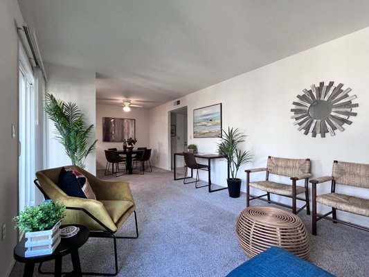 2x2 Floor Plan - Spacious 2-bedroom, 2-bath home offering 911 sq ft of comfortable living, a kitchen with plenty of cabinet space, and a private patio.