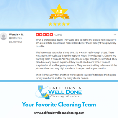 Top to Bottom🧽✨ - When you book a Top to Bottom Cleaning, we scrub, disinfect, and reach hidden spots to leave your home truly fresh and spotless. Our expert team tackles tough messes using the best products and techniques. It also includes:
✨ Exterior kitchen cabinets
✨ Ceiling fans
✨ Baseboards
Ready for a deep, refreshing clean?
✅ Easy online booking — schedule in just a minute! You can call us at 909.470.9919-
Request your quote here: https://californiawelldonecleaningservices.jobbersites.com/#requestForm
Or you can call us at 909-470-9919
Want to know more about us?
www.californiawelldonecleaning.com Top to Bottom🧽✨ - When you book a Top to Bottom Cleaning, we scrub, disinfect, and reach hidden spots to leave your home truly fresh and spotless. Our expert team tackles tough messes using the best products and techniques. It also includes:
✨ Exterior kitchen cabinets
✨ Ceiling fans
✨ Baseboards
Ready for a deep, refreshing clean?
✅ Easy online booking — schedule in just a minute! You can call us at 909.470.9919-
Request your quote here: https://californiawelldonecleaningservices.jobbersites.com/#requestForm
Or you can call us at 909-470-9919
Want to know more about us?
www.californiawelldonecleaning.com