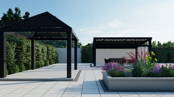 Juneau Project - The Juneau project is another project we did a 3D design for. We then took that 3D design and turned it into a reality. This project consists of two pergolas built in the backyard. One pergola is pyramid shaped and the other has slope shape to it with one of our custom designed 4K soleil panels. We then wrapped the sloped roof pergola with a fabric all around to enclose the area for more privacy. Every project we do comes with a 3D design to help make sure your pergola patio cover is unique and custom designed to your taste and needs.